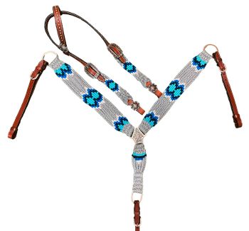 Showman Corded One Ear Headstall and Breast Collar Set - Gray&#47;Blue